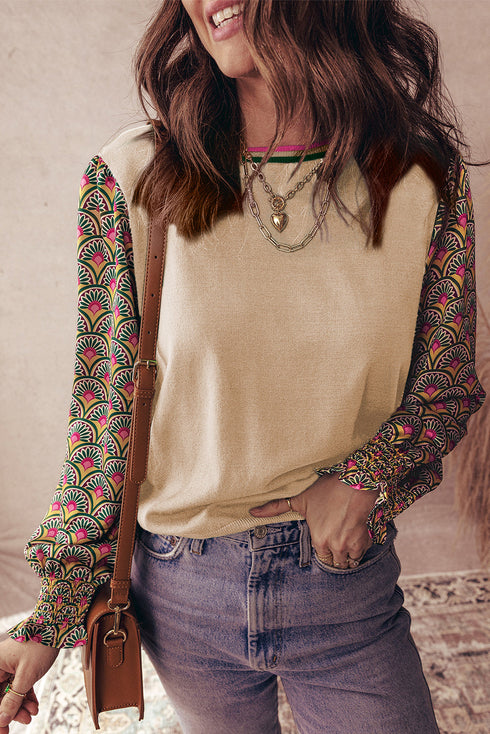 Mixed Media Geometric Print Sleeve Smocked Cuff Top