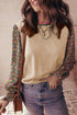 Mixed Media Geometric Print Sleeve Smocked Cuff Top