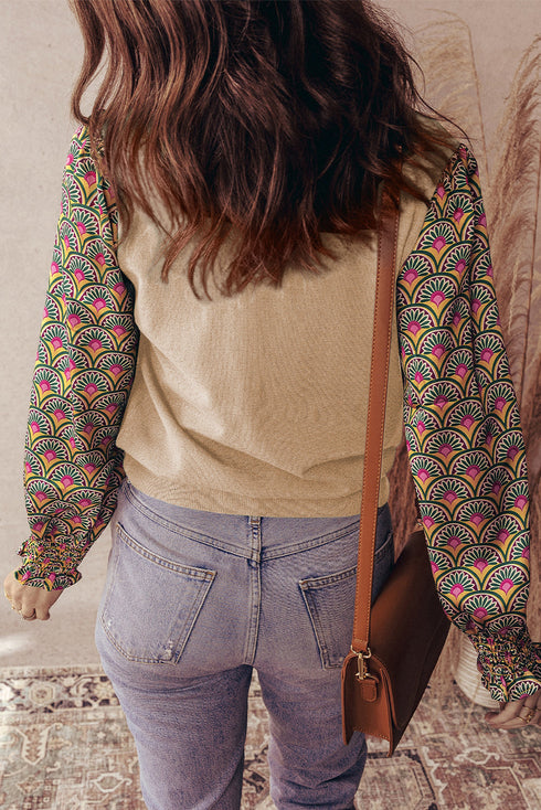 Mixed Media Geometric Print Sleeve Smocked Cuff Top