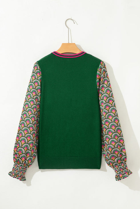 Mixed Media Geometric Print Sleeve Smocked Cuff Top