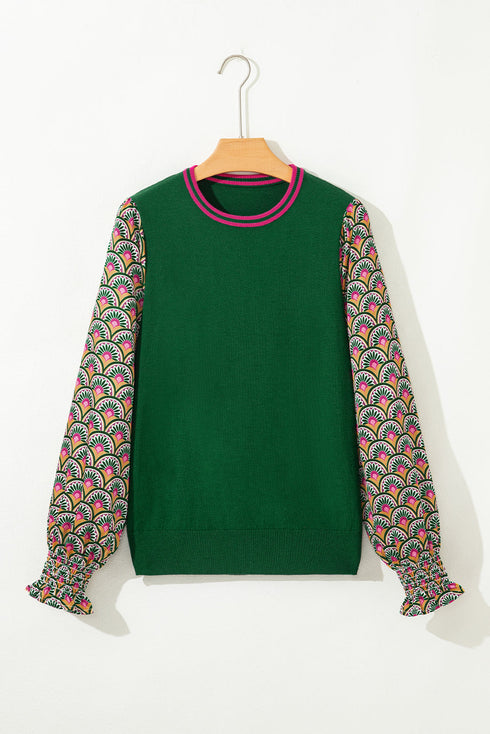 Mixed Media Geometric Print Sleeve Smocked Cuff Top