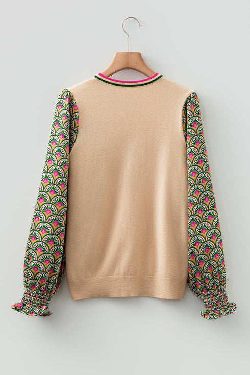 Mixed Media Geometric Print Sleeve Smocked Cuff Top