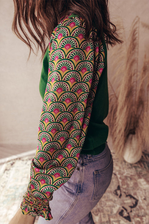 Mixed Media Geometric Print Sleeve Smocked Cuff Top