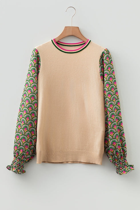 Mixed Media Geometric Print Sleeve Smocked Cuff Top