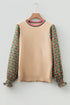Mixed Media Geometric Print Sleeve Smocked Cuff Top