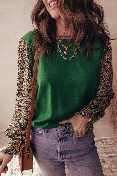 Mixed Media Geometric Print Sleeve Smocked Cuff Top