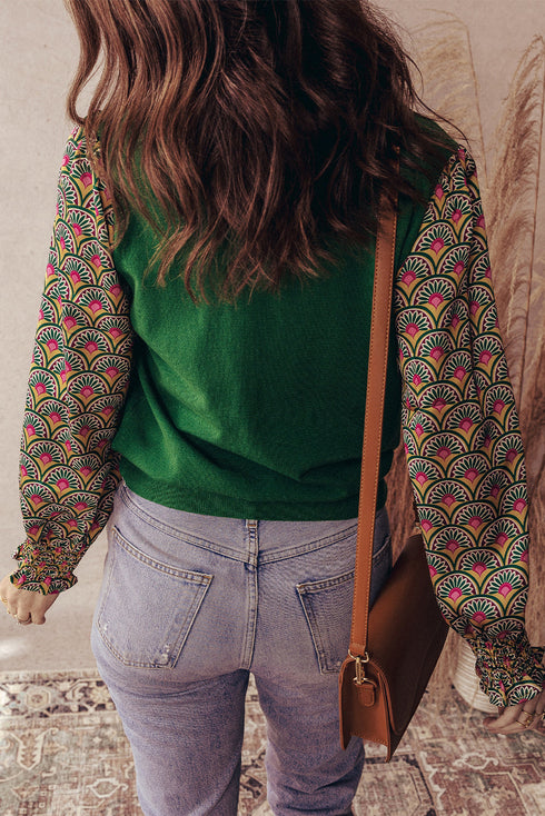 Mixed Media Geometric Print Sleeve Smocked Cuff Top