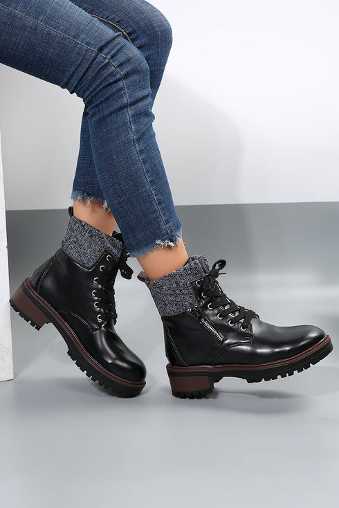 Mixed Media Knit Detail Lace Up Ankle Boots