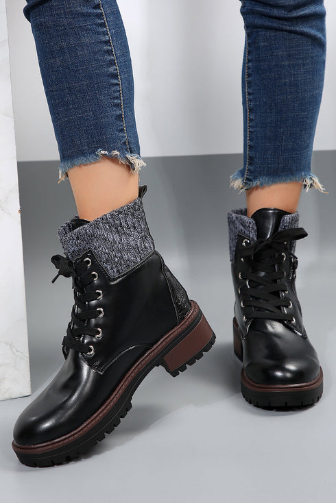 Mixed Media Knit Detail Lace Up Ankle Boots