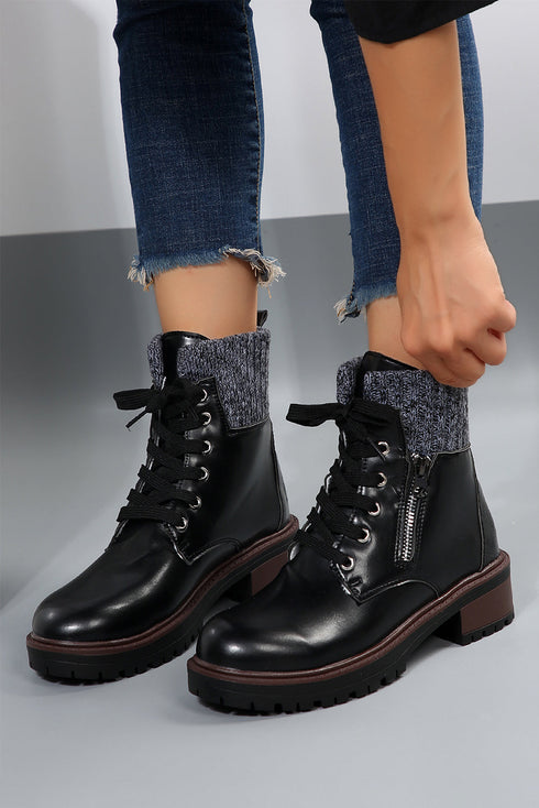 Mixed Media Knit Detail Lace Up Ankle Boots