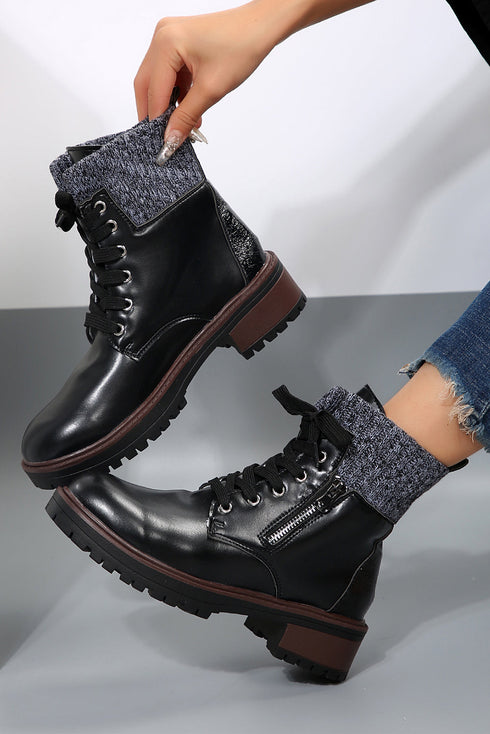 Mixed Media Knit Detail Lace Up Ankle Boots