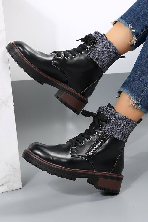 Mixed Media Knit Detail Lace Up Ankle Boots
