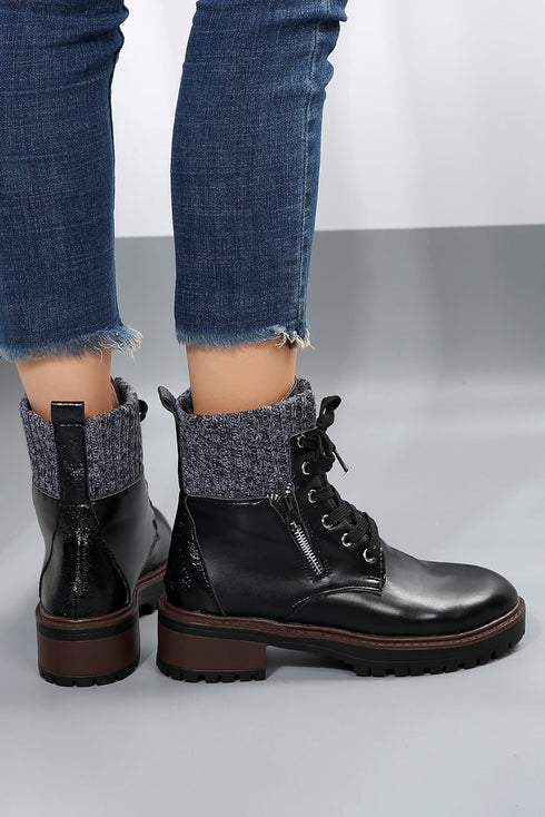 Mixed Media Knit Detail Lace Up Ankle Boots