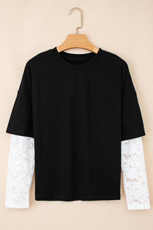 Mixed Media Lace Sleeve Relaxed Fit Top