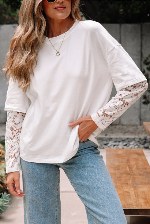 Mixed Media Lace Sleeve Relaxed Fit Top