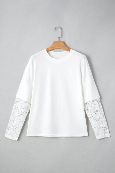 Mixed Media Lace Sleeve Relaxed Fit Top