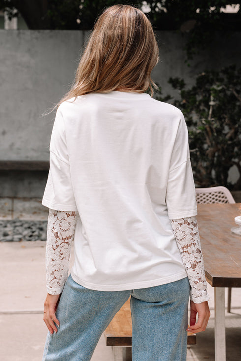Mixed Media Lace Sleeve Relaxed Fit Top