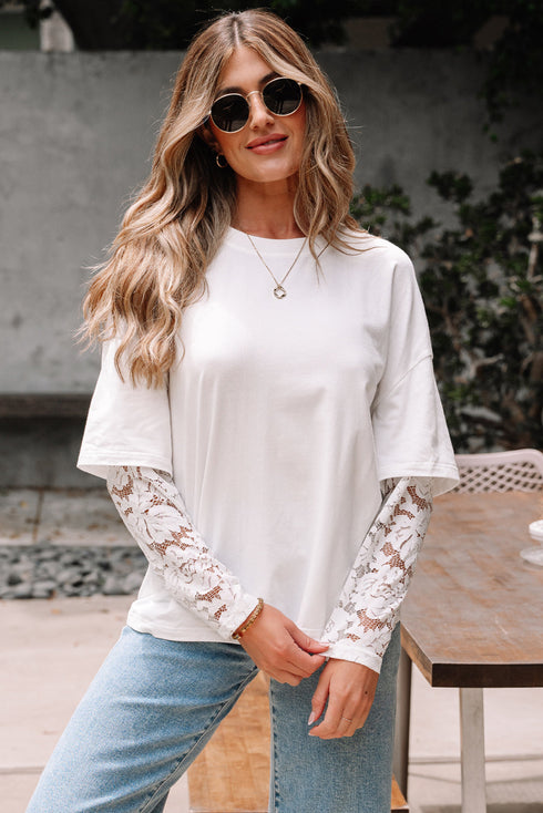 Mixed Media Lace Sleeve Relaxed Fit Top