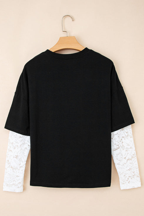 Mixed Media Lace Sleeve Relaxed Fit Top