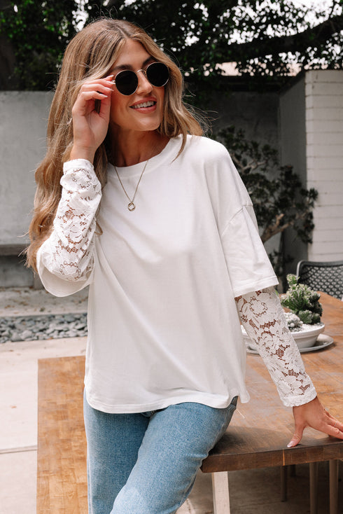 Mixed Media Lace Sleeve Relaxed Fit Top