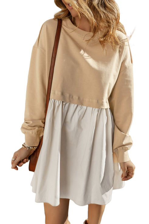 Mixed Media Long Sleeve Babydoll Sweatshirt Dress