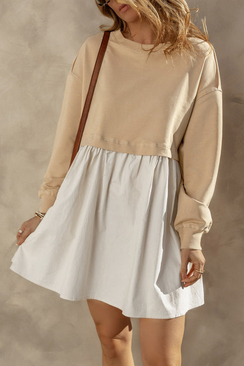 Mixed Media Long Sleeve Babydoll Sweatshirt Dress