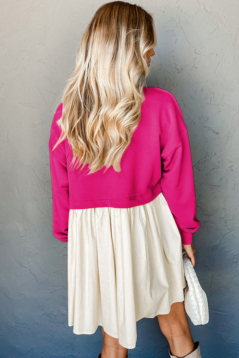 Mixed Media Long Sleeve Babydoll Sweatshirt Dress