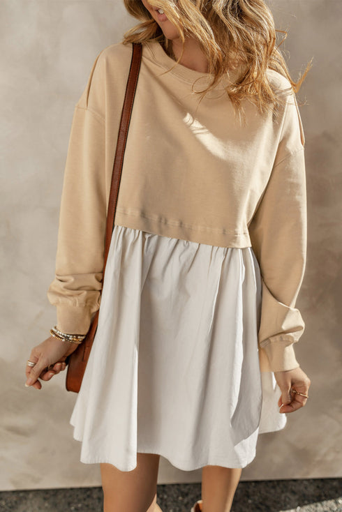 Mixed Media Long Sleeve Babydoll Sweatshirt Dress