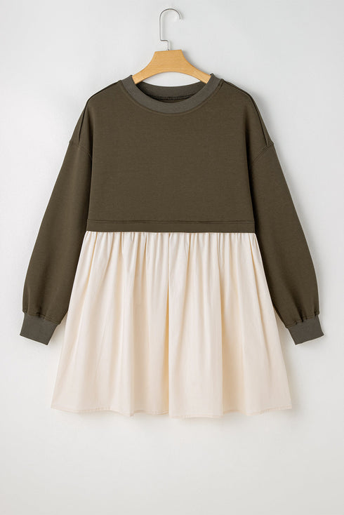 Mixed Media Long Sleeve Babydoll Sweatshirt Dress