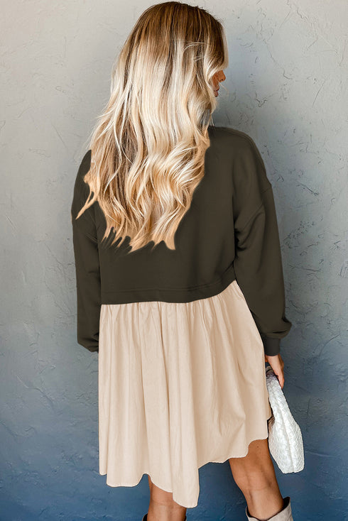 Mixed Media Long Sleeve Babydoll Sweatshirt Dress