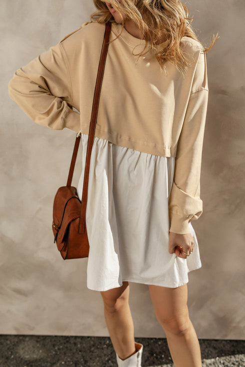 Mixed Media Long Sleeve Babydoll Sweatshirt Dress