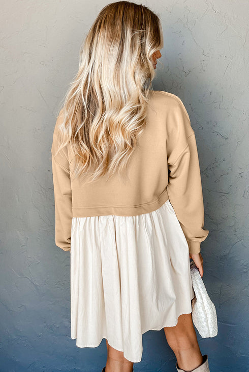 Mixed Media Long Sleeve Babydoll Sweatshirt Dress