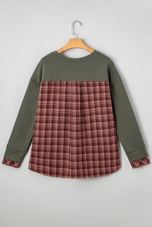 Mixed Media Plaid Detail Layered Look Sweatshirt