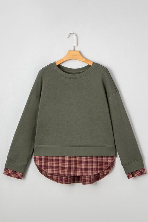 Mixed Media Plaid Detail Layered Look Sweatshirt
