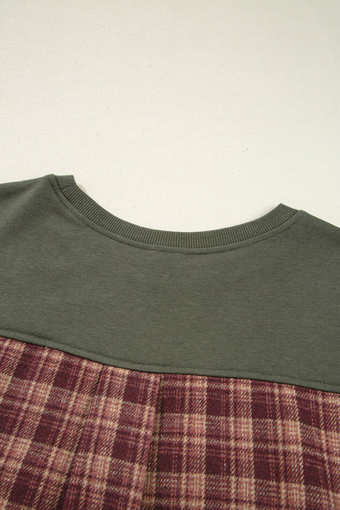 Mixed Media Plaid Detail Layered Look Sweatshirt