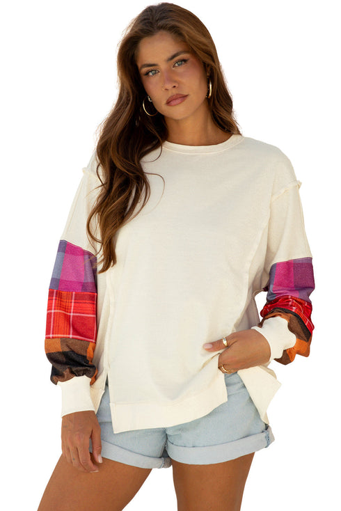 Mixed Media Plaid Exposed Seam Patchwork Top