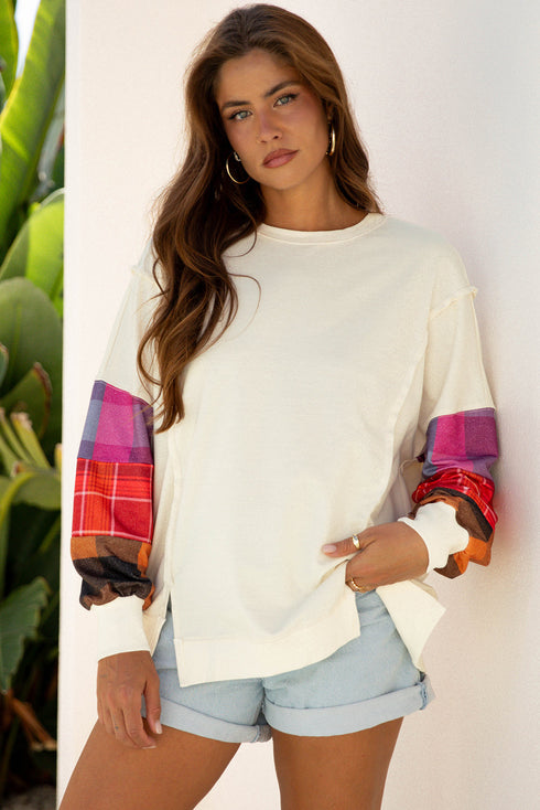 Mixed Media Plaid Exposed Seam Patchwork Top