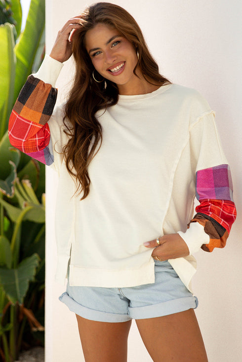 Mixed Media Plaid Exposed Seam Patchwork Top