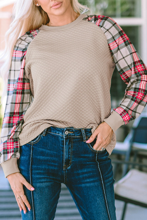 Mixed Media Quilted Body With Plaid Sleeve Pullover
