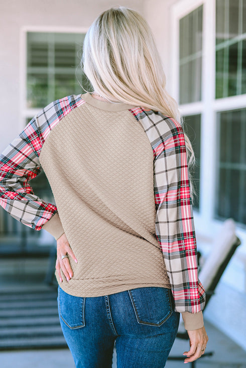 Mixed Media Quilted Body With Plaid Sleeve Pullover