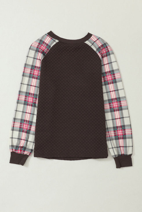 Mixed Media Quilted Body With Plaid Sleeve Pullover