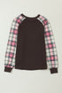 Mixed Media Quilted Body With Plaid Sleeve Pullover