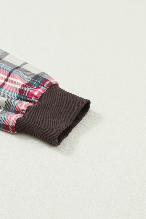 Mixed Media Quilted Body With Plaid Sleeve Pullover