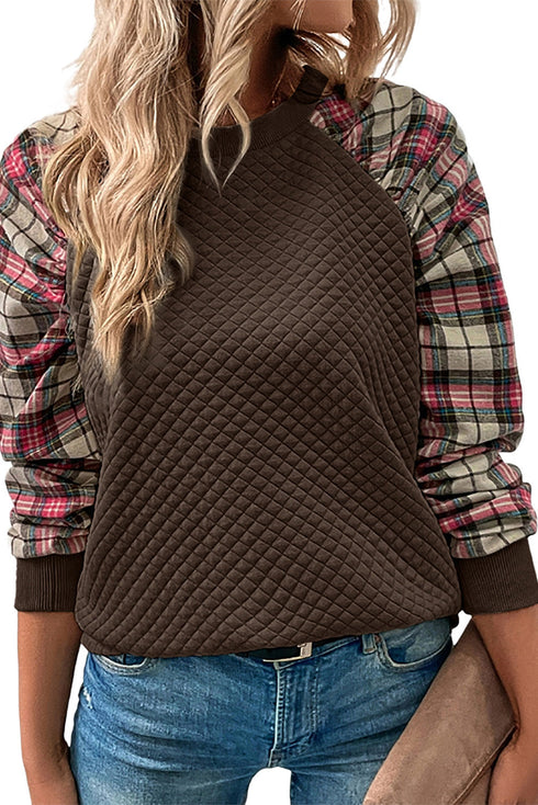 Mixed Media Quilted Body With Plaid Sleeve Pullover