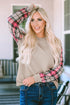 Mixed Media Quilted Body With Plaid Sleeve Pullover