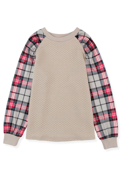 Mixed Media Quilted Body With Plaid Sleeve Pullover