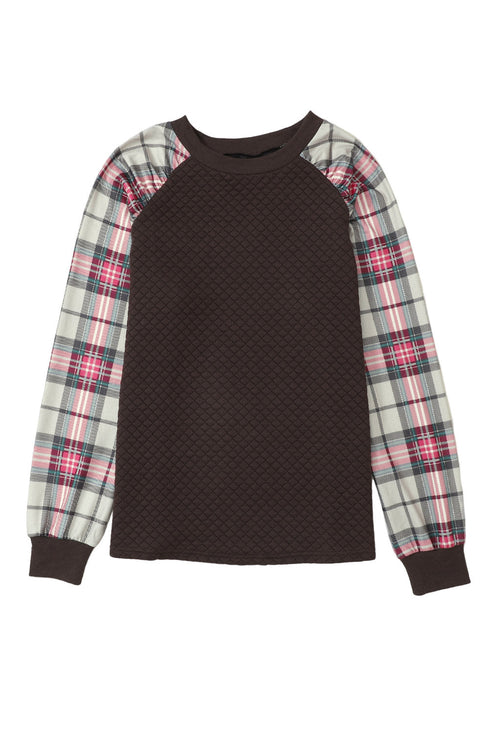 Mixed Media Quilted Body With Plaid Sleeve Pullover