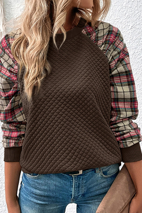 Mixed Media Quilted Body With Plaid Sleeve Pullover
