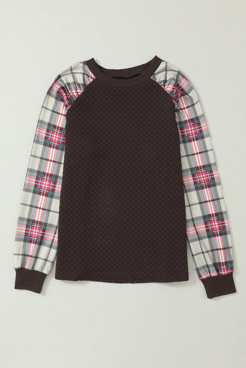 Mixed Media Quilted Body With Plaid Sleeve Pullover