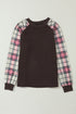 Mixed Media Quilted Body With Plaid Sleeve Pullover
